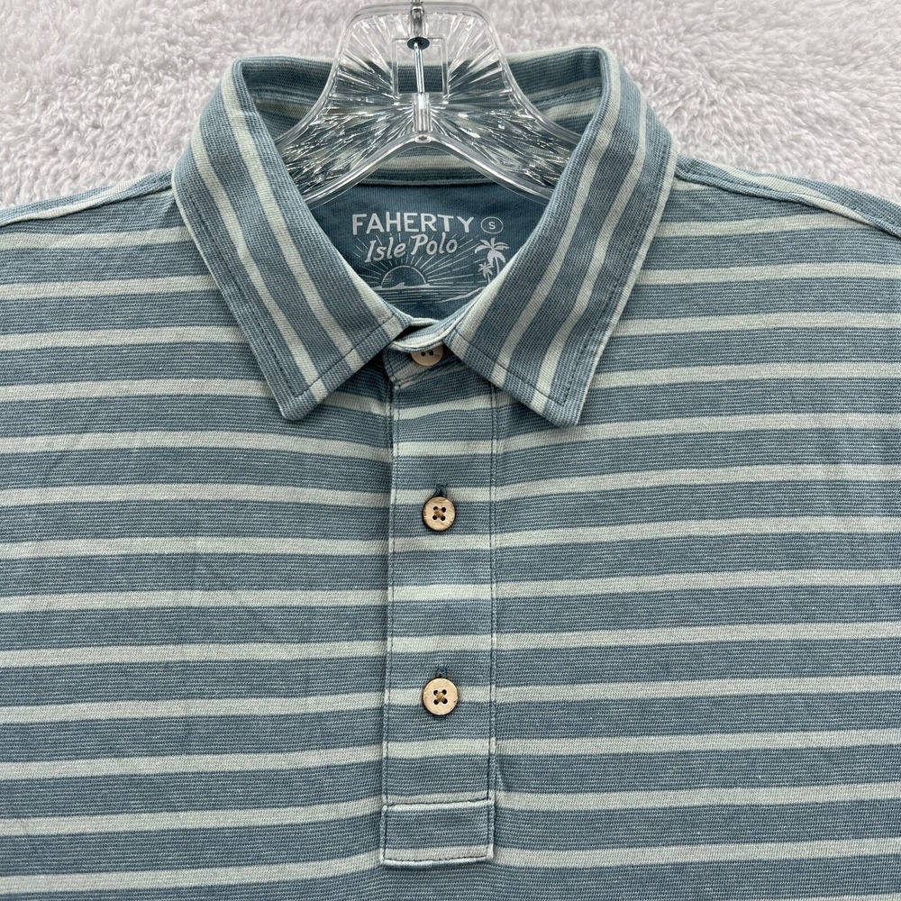 Faherty Isle Polo Shirt Men Small Blue Grey Striped Short Sleeve‎ Cotton Casual - Picture 2 of 14